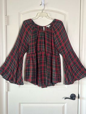 Copper Key Plaid Babydoll Blouse Bell Sleeve Old Money Preppy Green and Red L